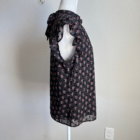 Dr2 Black Velvet Polka Dot Floral Back Tie Blouse Women's M Flutter Sleeve Top - Picture 5 of 7